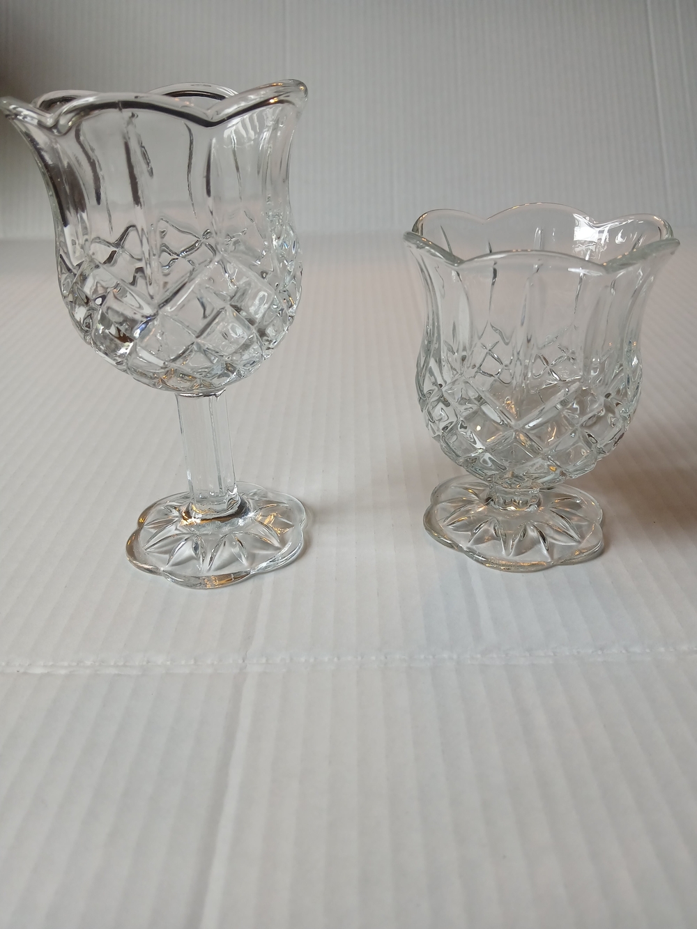 ​VTG Homco Clear Glass Diamond Quilted Tulip Candle Holders Stemmed & Footed Set